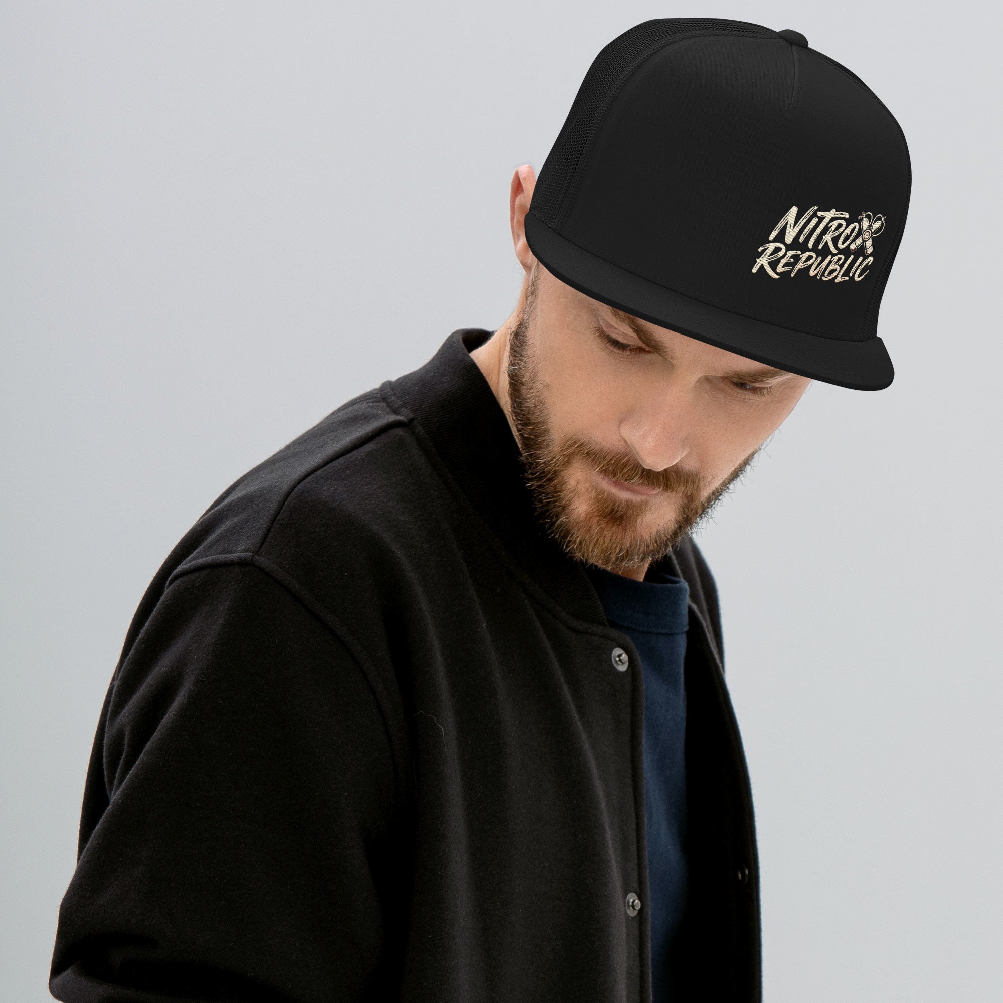 Nitrox Republic Logo Trucker Cap Black front angle – scuba hat