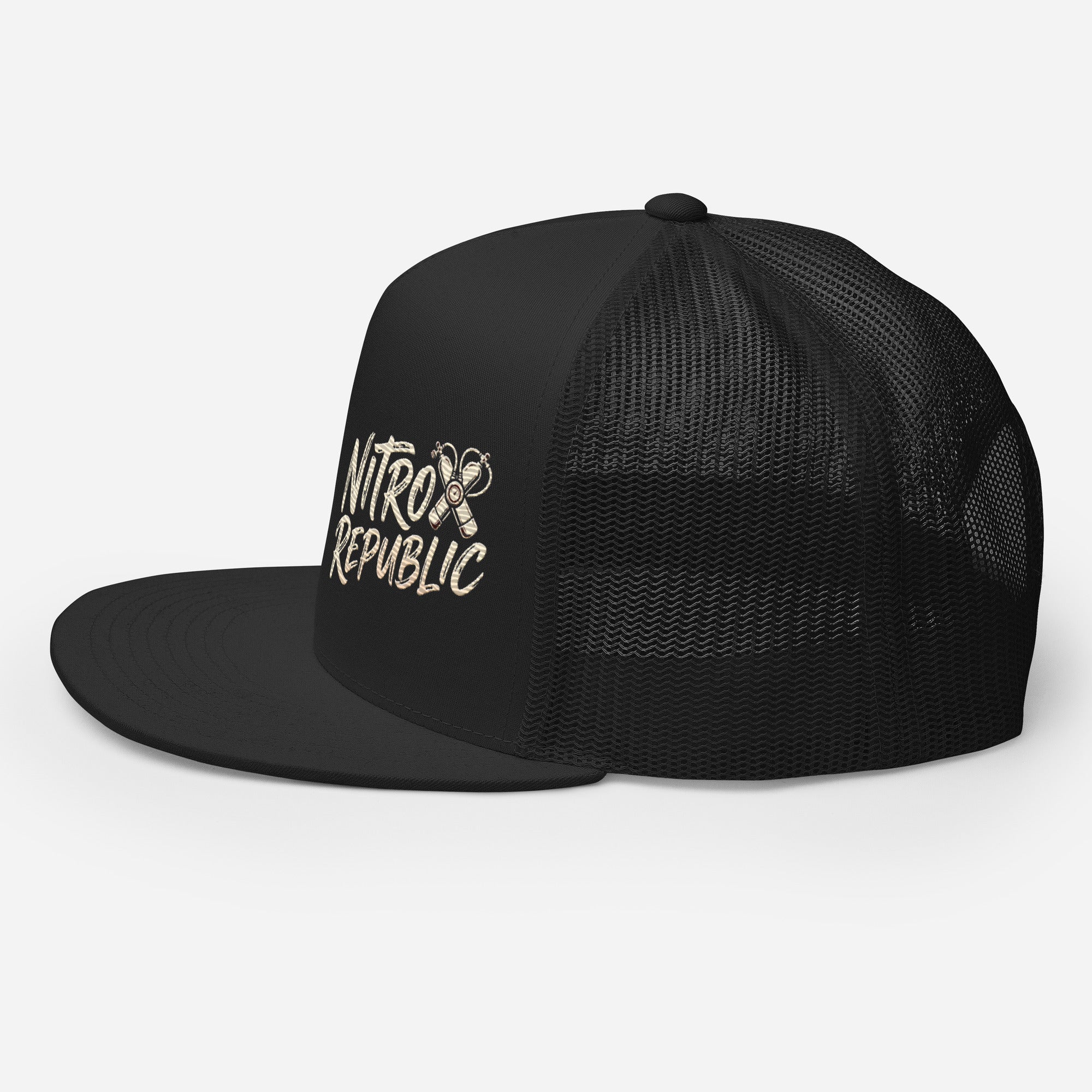Nitrox Republic Logo Trucker Cap in Black left side view – scuba hat