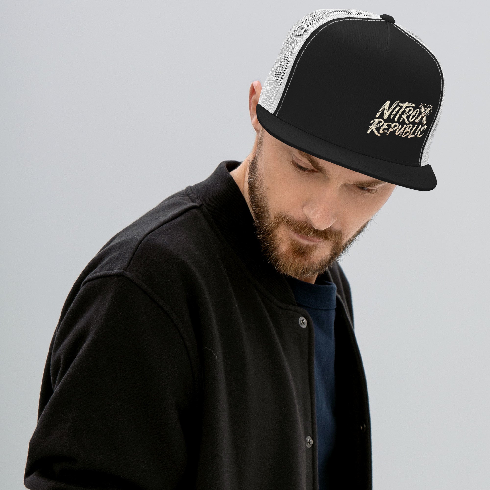Nitrox Republic Logo Trucker Cap Black/White side view – dive cap