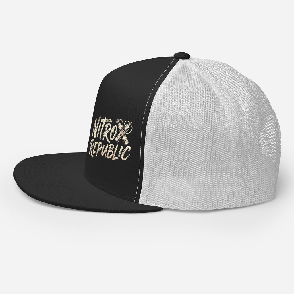 Nitrox Republic Logo Trucker Cap in Black/White left side view – scuba hat