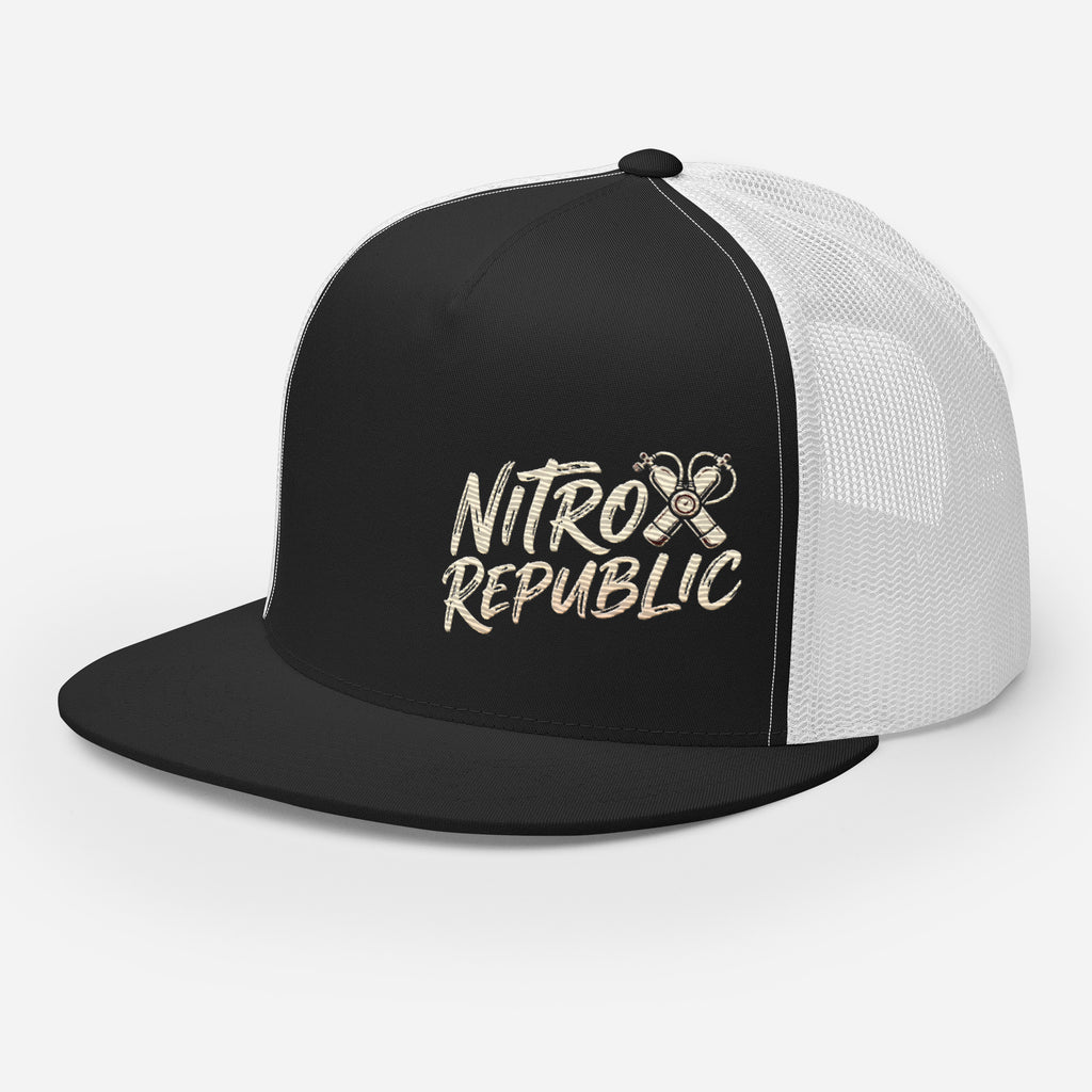 Nitrox Republic Logo Trucker Cap in Black/White left-front angle – dive trucker hat