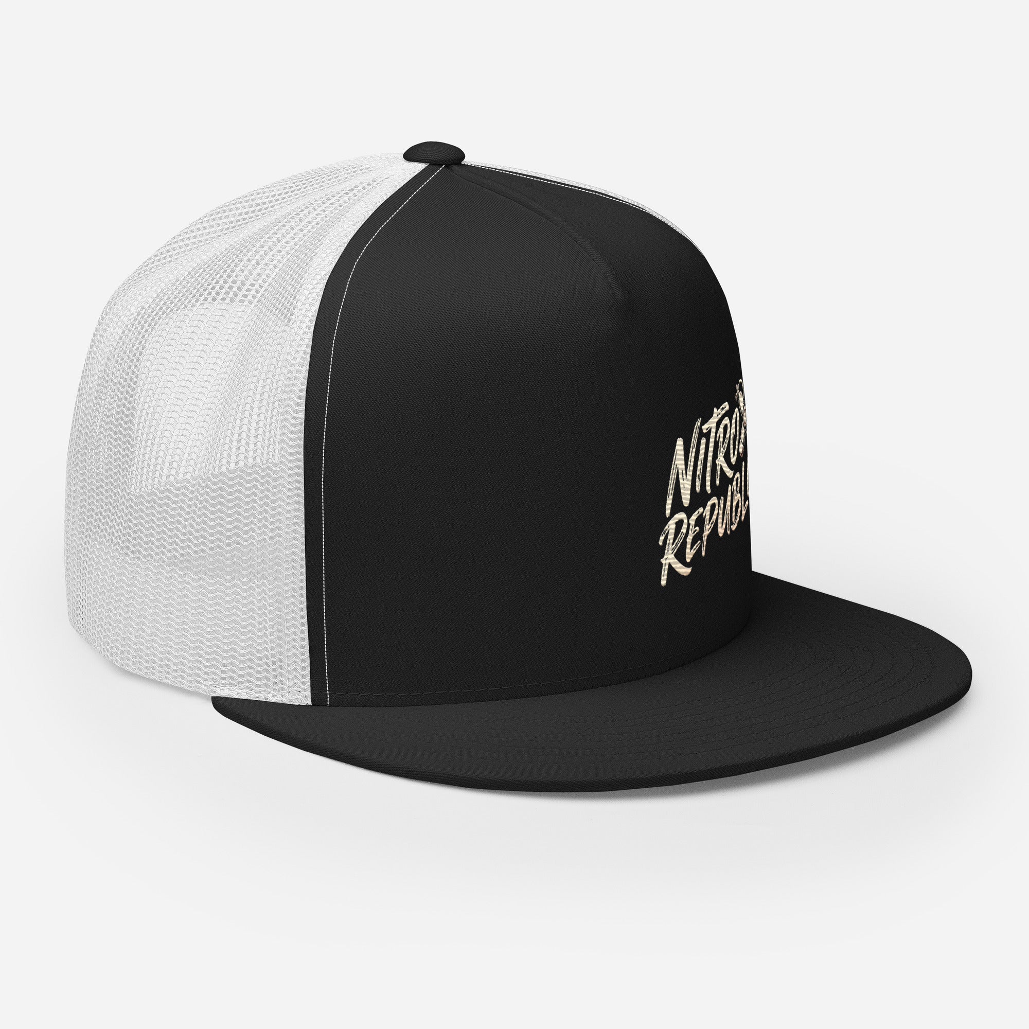 Nitrox Republic Logo Trucker Cap in Black/White right-front angle – dive trucker hat