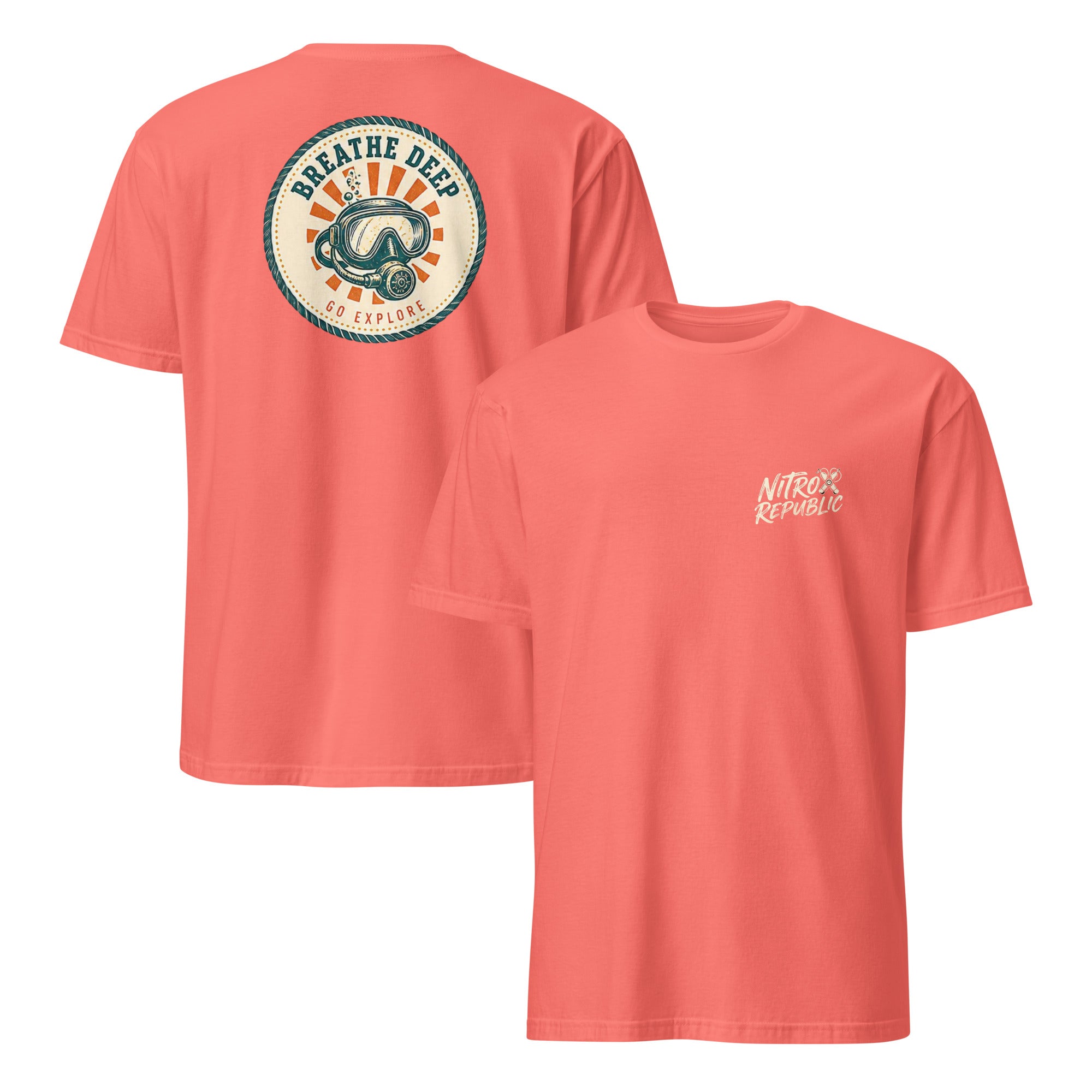Breathe Deep retro scuba badge t-shirt in Coral Silk – Nitrox Republic