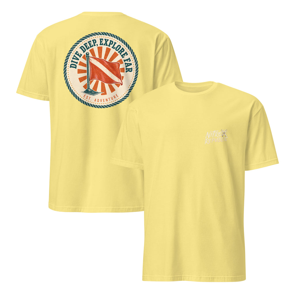 Retro Dive Flag Badge scuba t-shirt in Cornsilk – Nitrox Republic