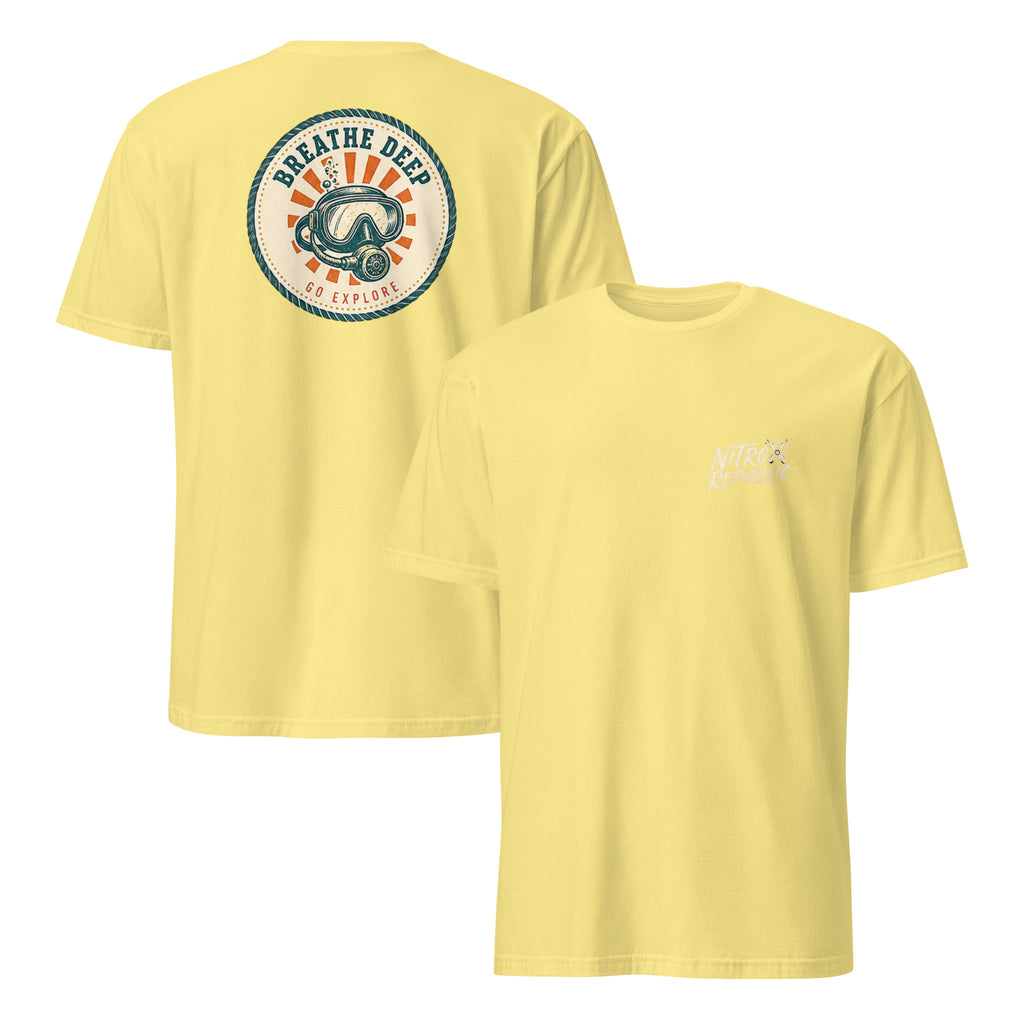 Breathe Deep retro badge scuba t-shirt in Cornsilk – Nitrox Republic