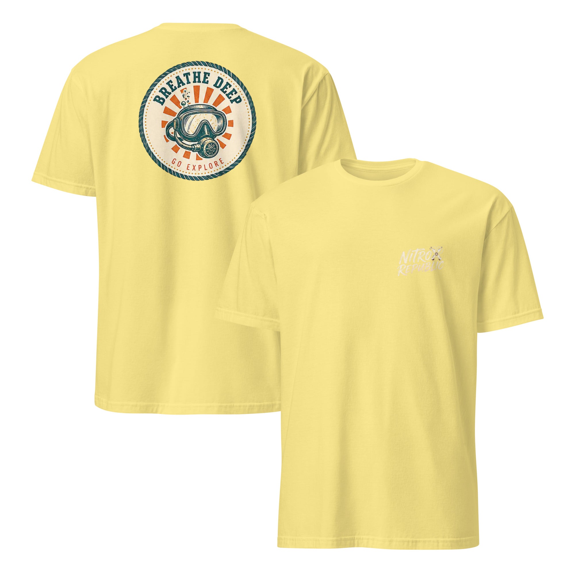Breathe Deep retro badge scuba t-shirt in Cornsilk – Nitrox Republic