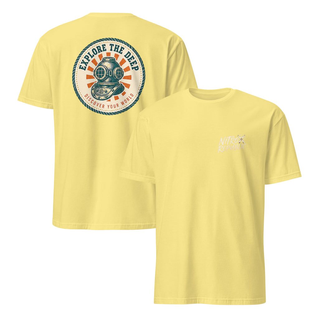 Explore the Deep vintage scuba t-shirt in Cornsilk – Nitrox Republic