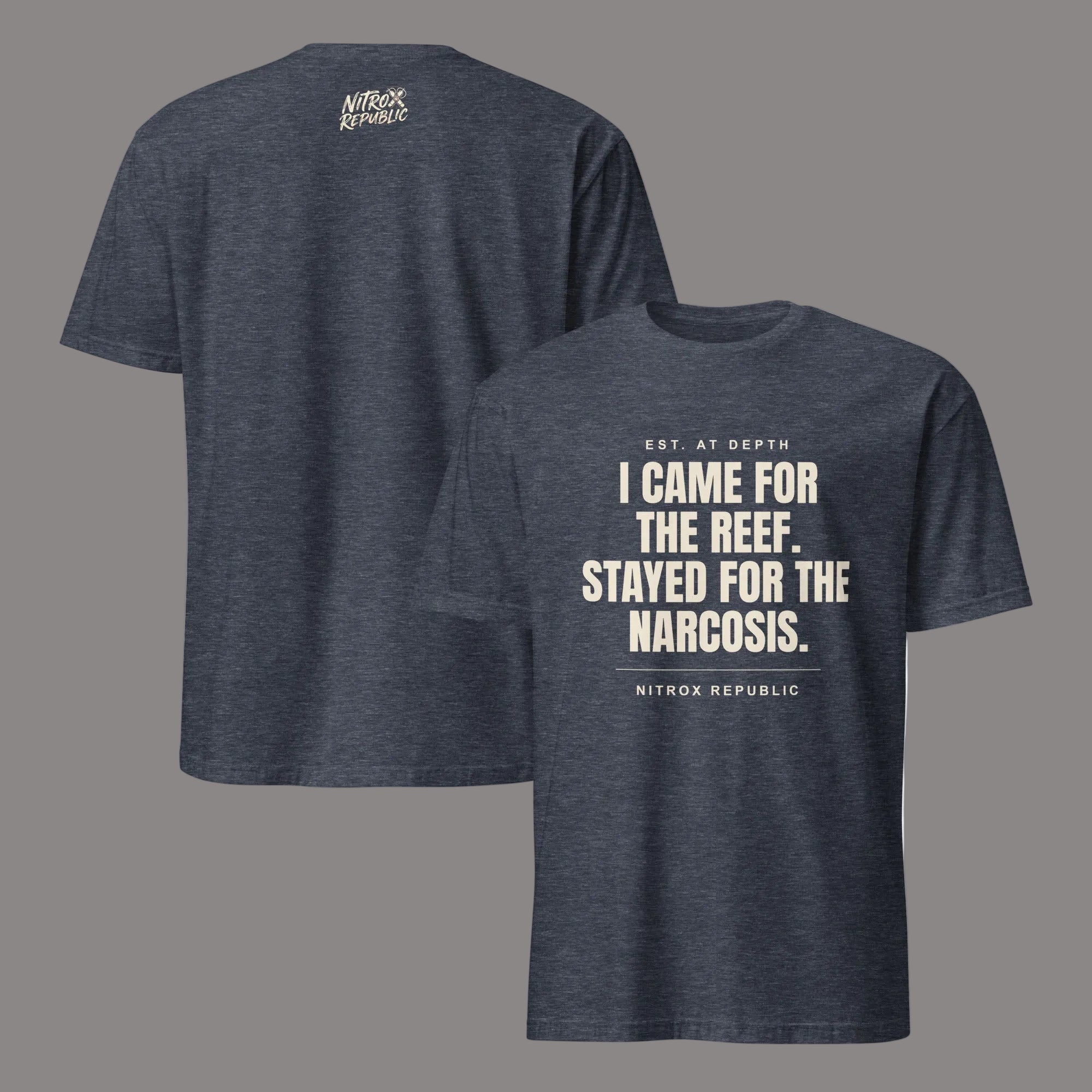 Stayed For The Narcosis scuba t-shirt in Heather Navy – Nitrox Republic