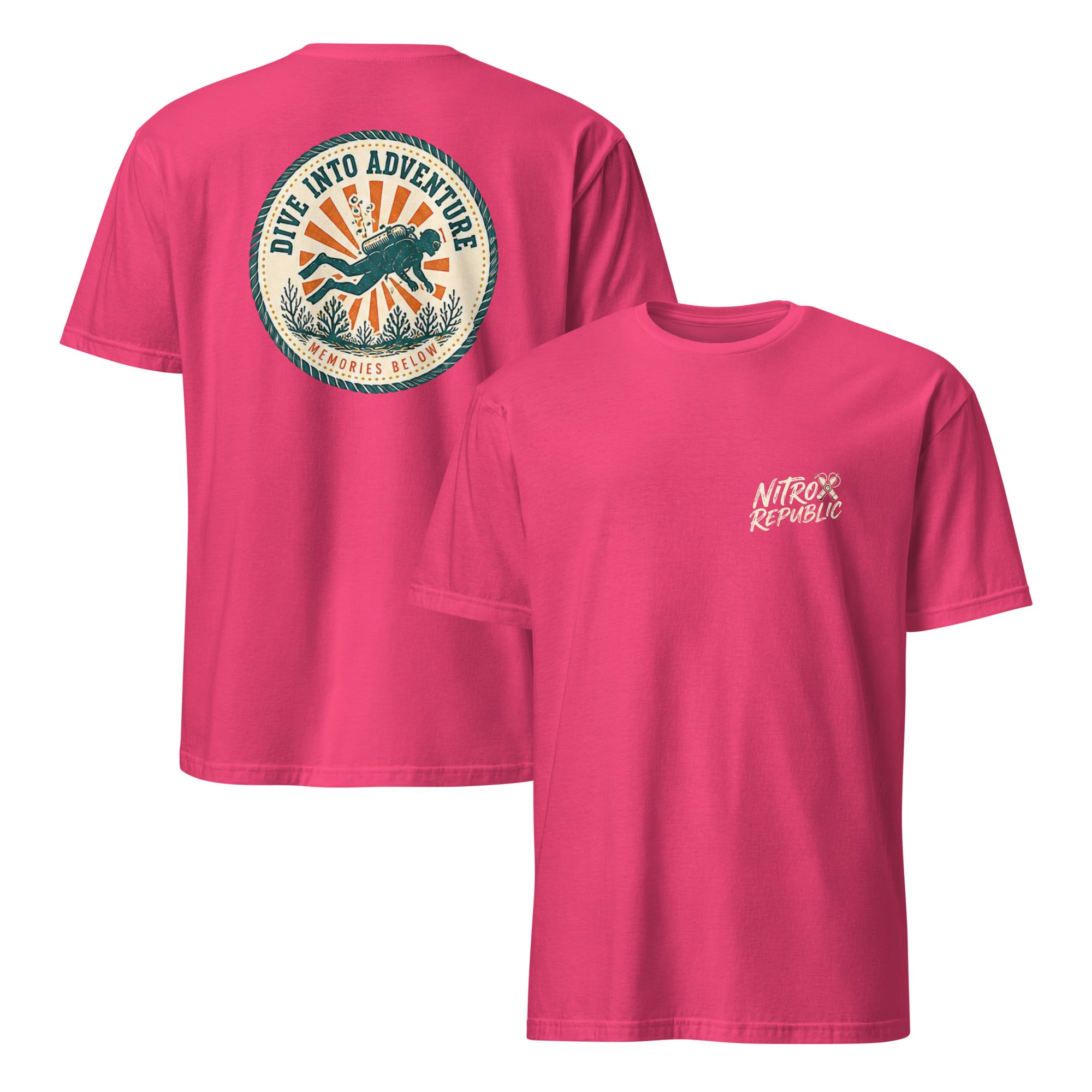 Dive Into Adventure retro scuba t-shirt in Heliconia – Nitrox Republic