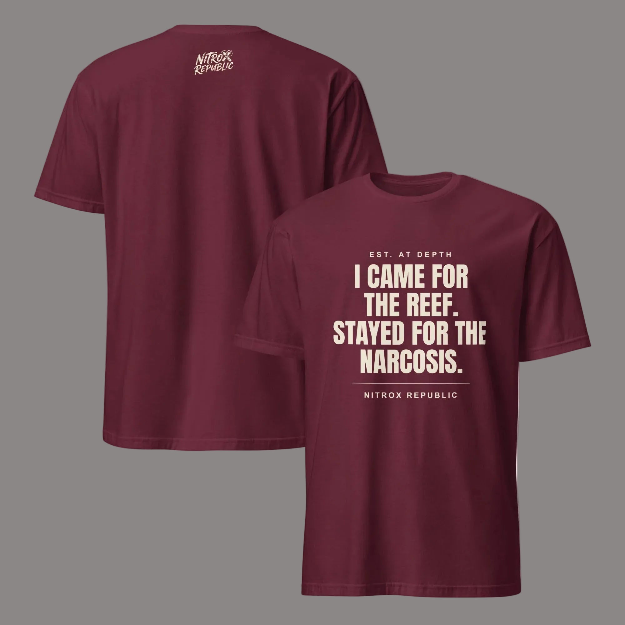 Stayed For The Narcosis scuba t-shirt in Maroon – Nitrox Republic