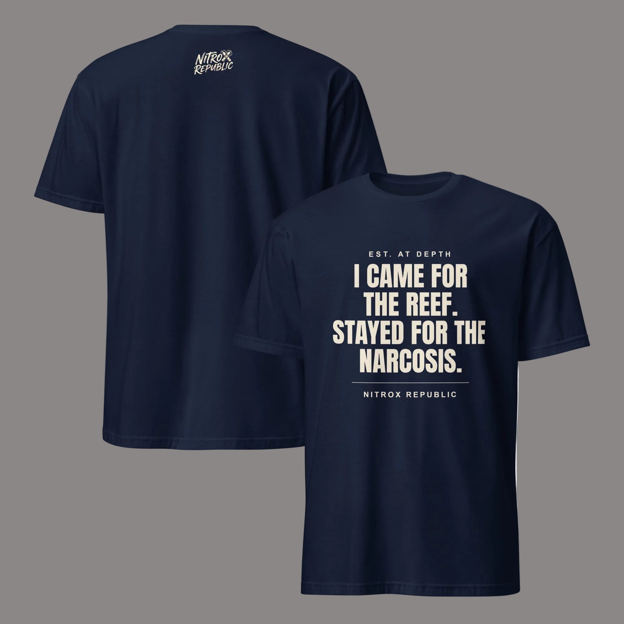 Stayed For The Narcosis scuba t-shirt in Navy – Nitrox Republic
