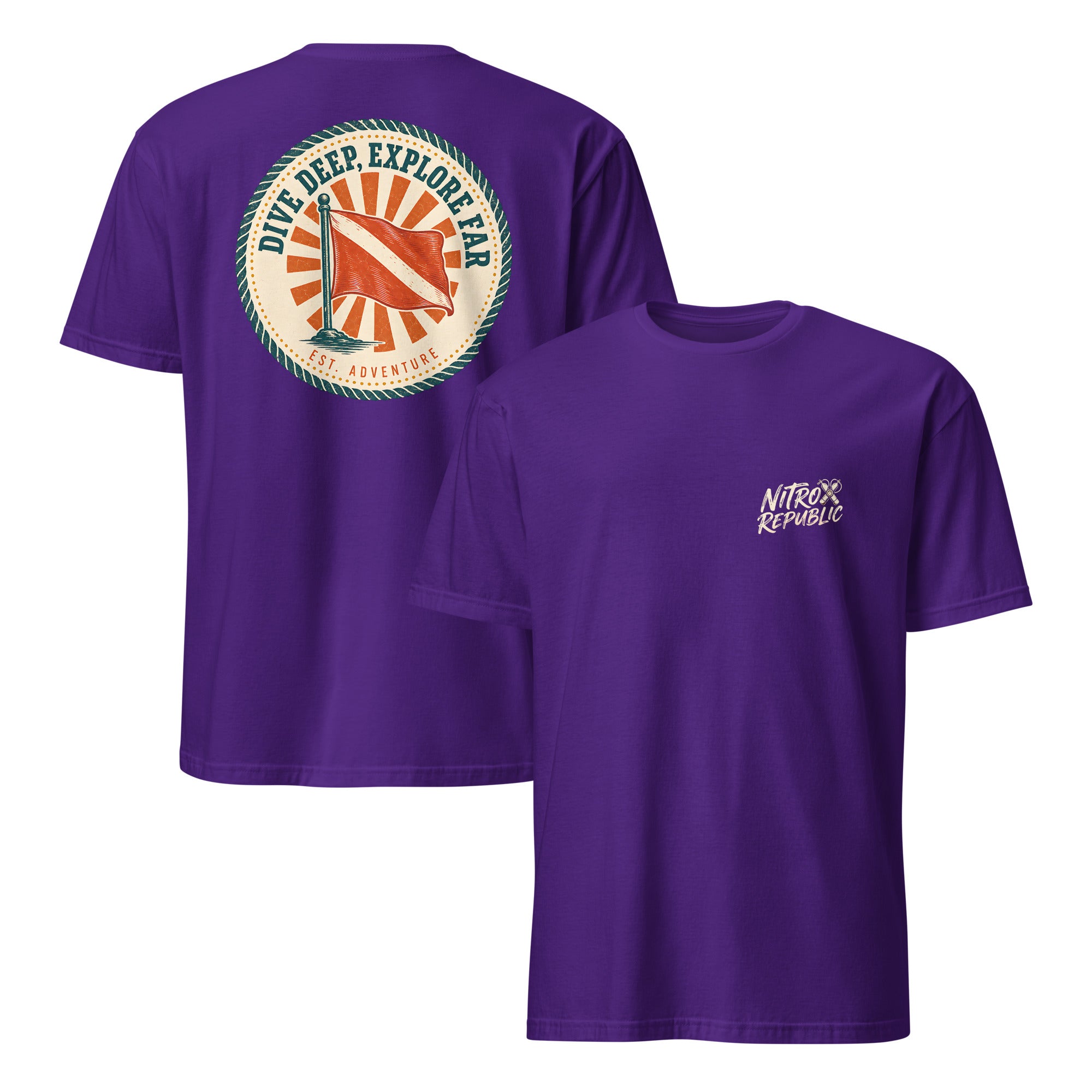 Retro Dive Flag Badge scuba t-shirt in Purple – Nitrox Republic