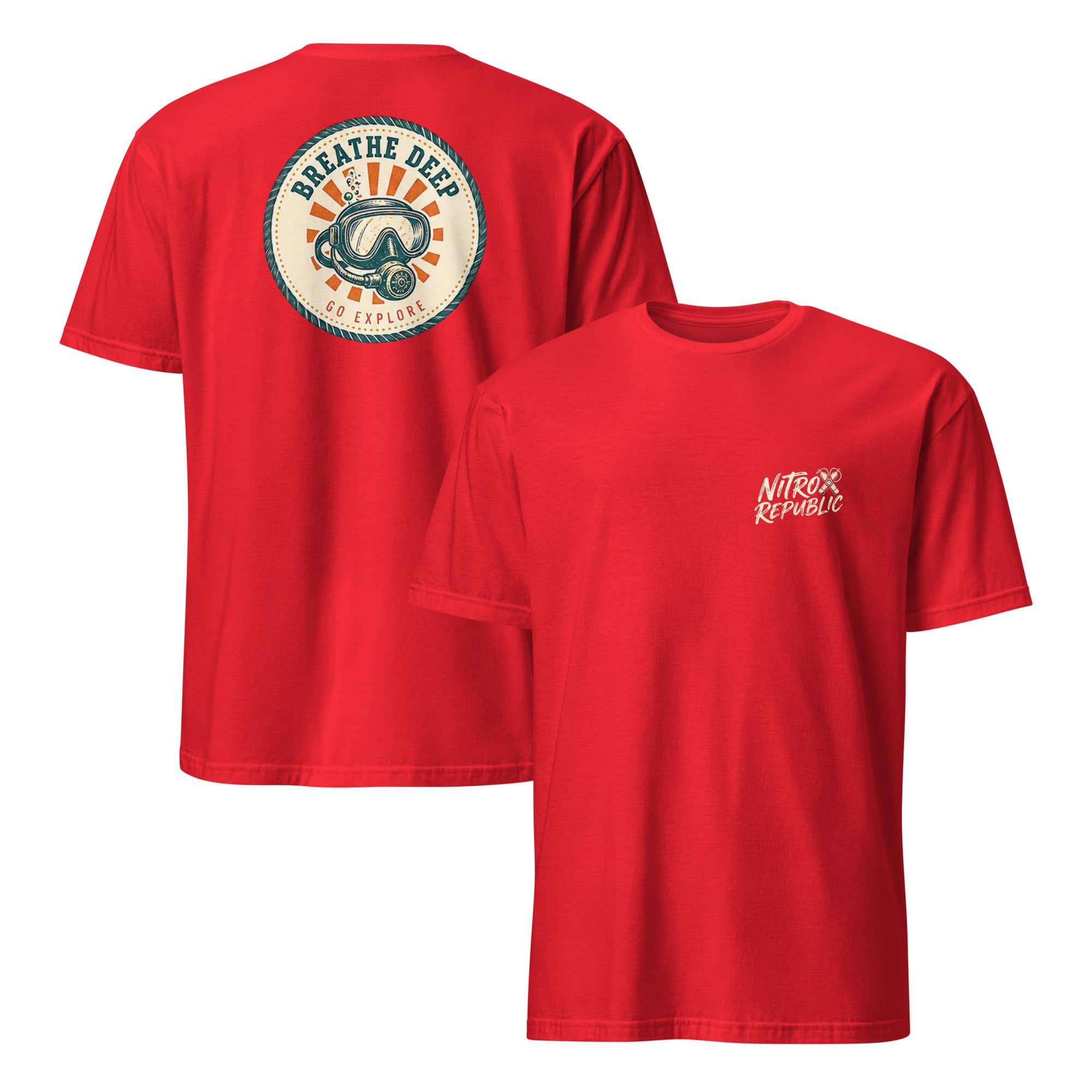 Breathe Deep retro badge scuba t-shirt in Red – Nitrox Republic