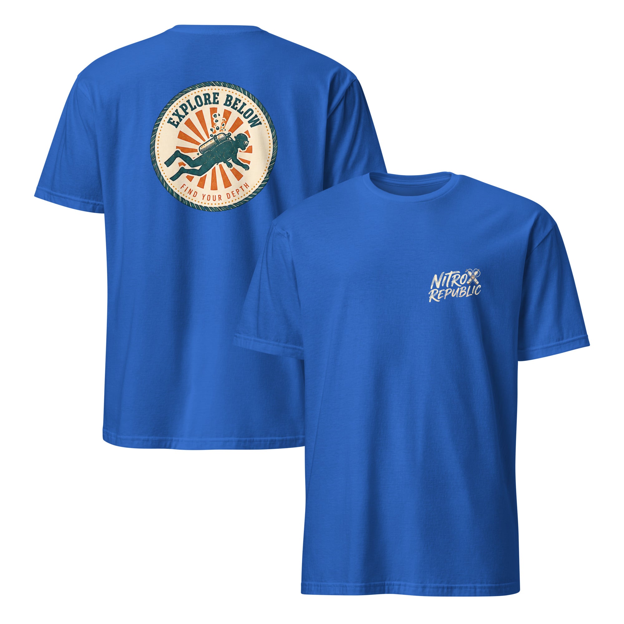 Explore Below retro scuba t-shirt in Royal Blue – Nitrox Republic