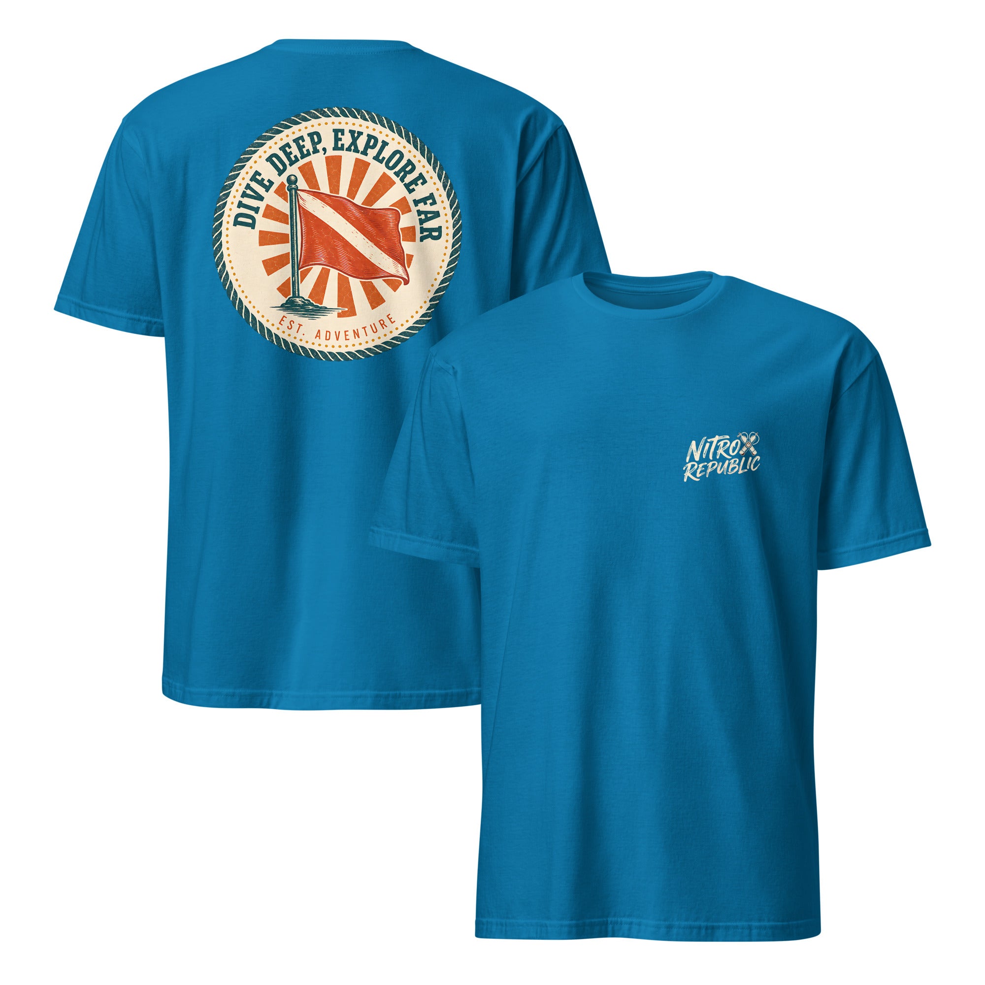 Retro Dive Flag Badge scuba t-shirt in Sapphire – Nitrox Republic