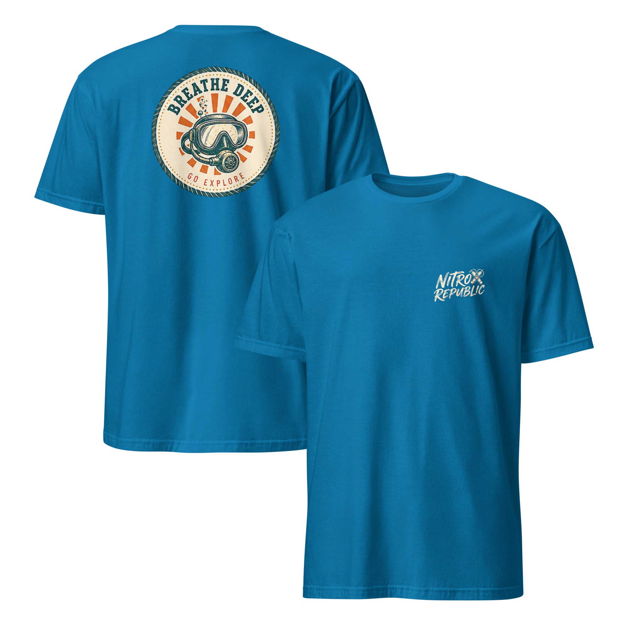 Breathe Deep retro badge scuba t-shirt in Sapphire – Nitrox Republic
